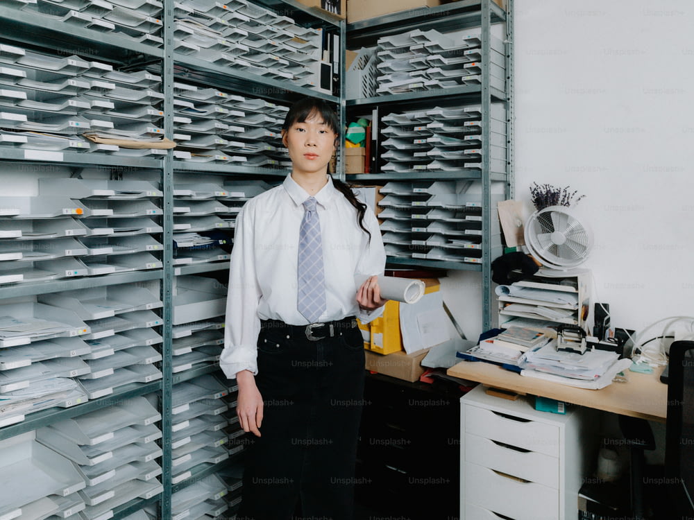 a woman standing in front of a shelf full of files