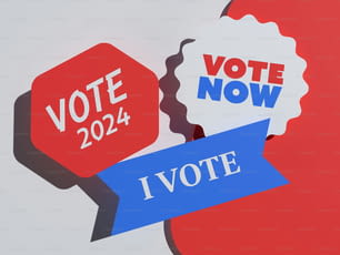 빨간색, 흰색, 파란색 스티커에 '지금 투표하고 나는 투표한다'라는 문구가 적혀 있습니다