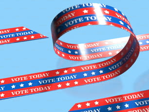 a red, white and blue ribbon with vote today written on it