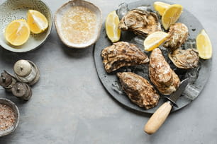 a plate of oysters with lemon wedges and salt
