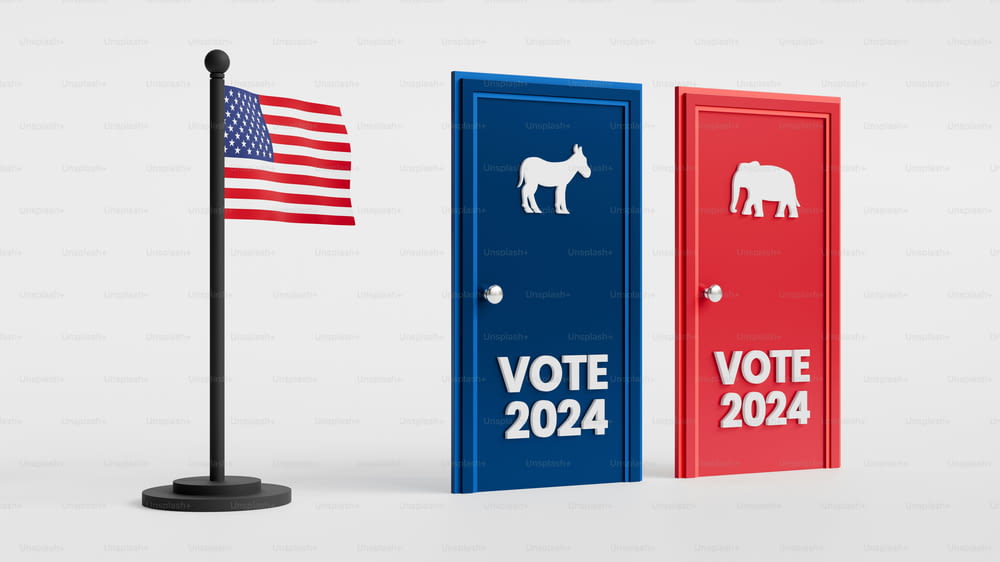 a row of political doors with an american flag in the background