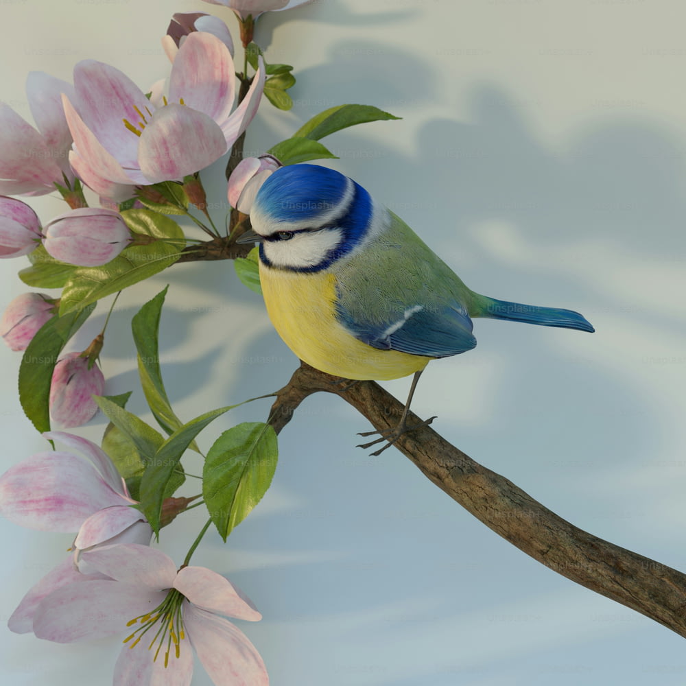 un oiseau bleu et jaune assis sur une branche d’un arbre en fleurs