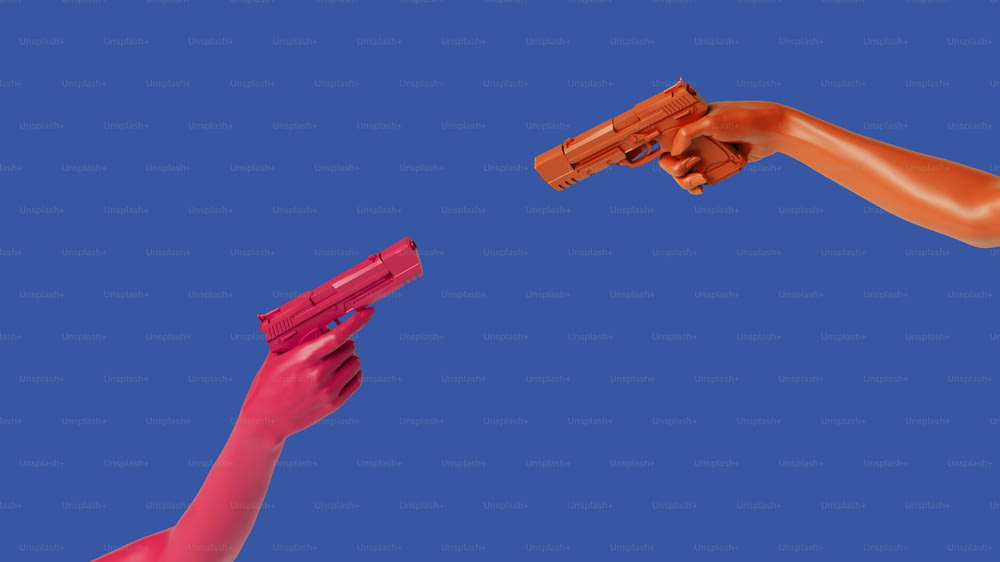 um par de mãos segurando uma arma de brinquedo