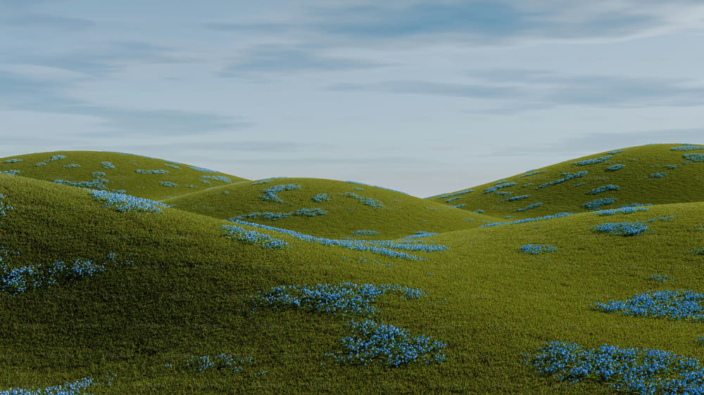 um grupo de colinas verdes com flores azuis sobre eles
