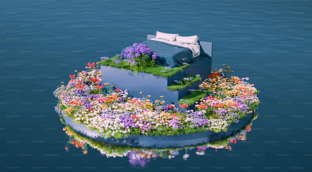 a floating bed made of flowers in the water
