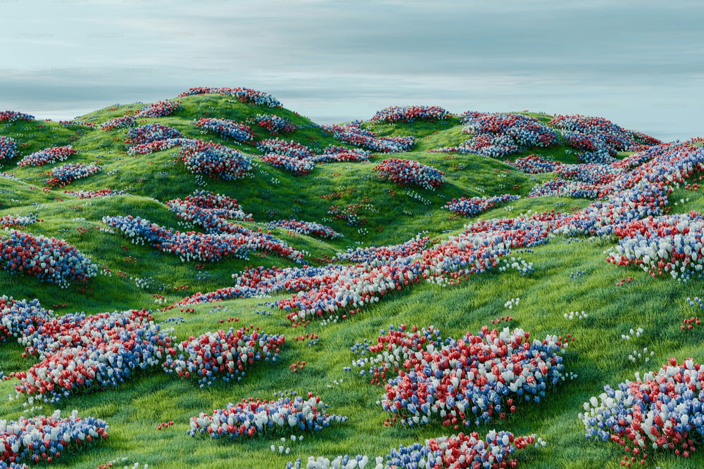 a painting of a hill covered in red, white and blue flowers