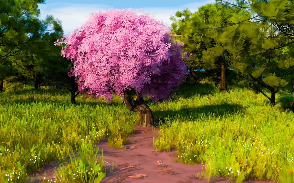 a painting of a pink tree in a grassy field