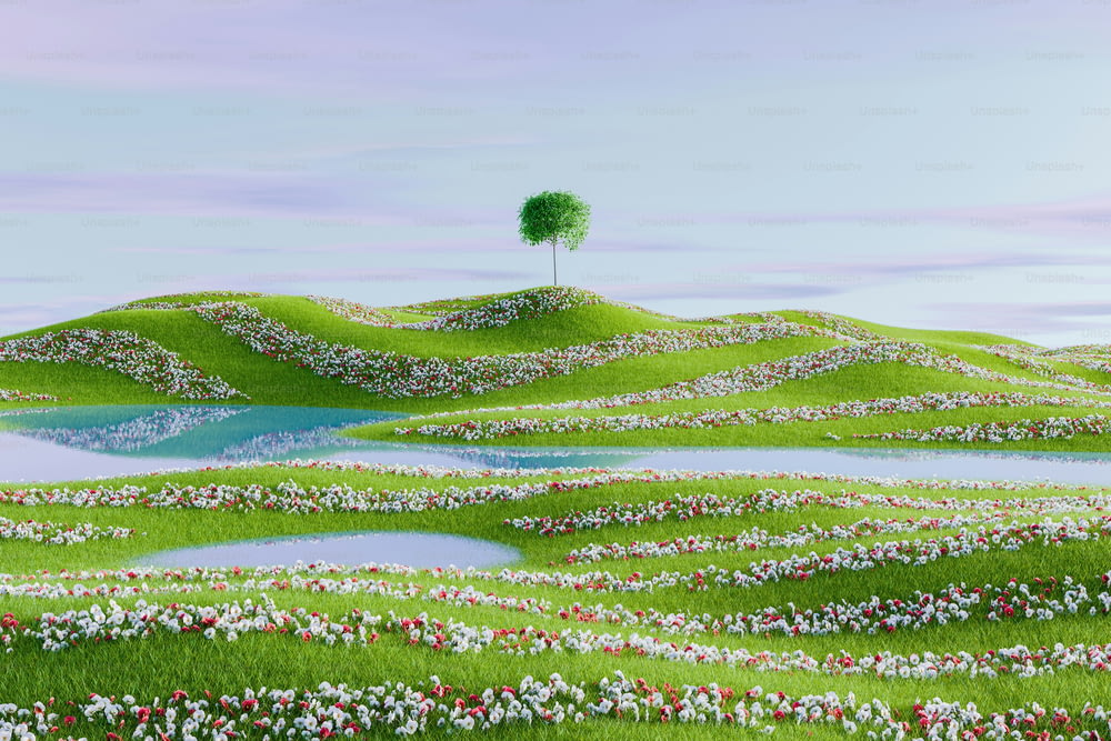 a painting of a green hill with a tree on top of it