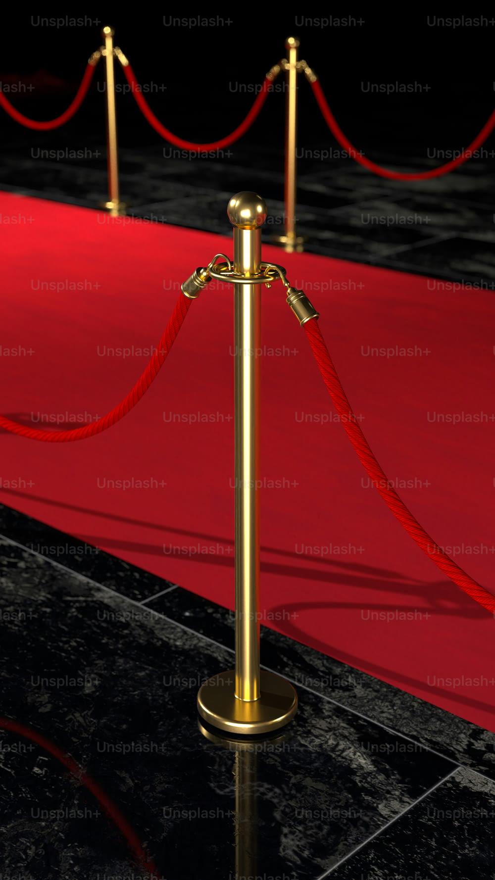 una alfombra roja con una cuerda dorada y una barrera de alfombra roja