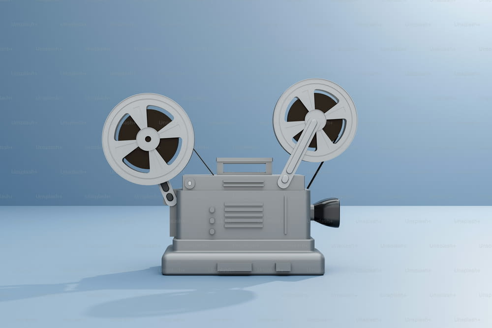 an old fashioned movie projector on a blue background