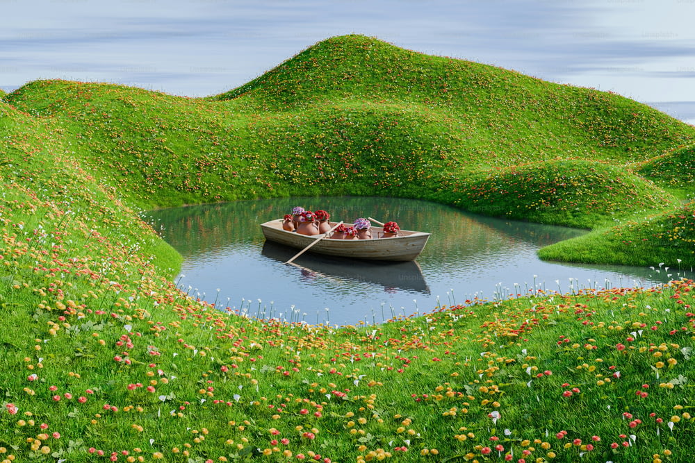 a boat floating on top of a lake surrounded by lush green hills