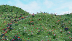 uma pintura de uma colina gramada com flores vermelhas e brancas