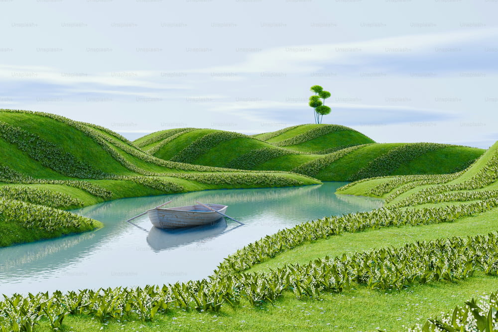 uma pintura de um barco em um lago cercado por colinas verdes