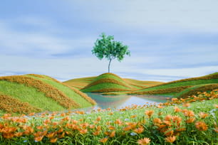 a painting of flowers and a tree on a hill