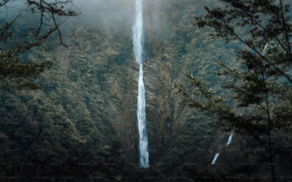 a tall waterfall in the middle of a forest