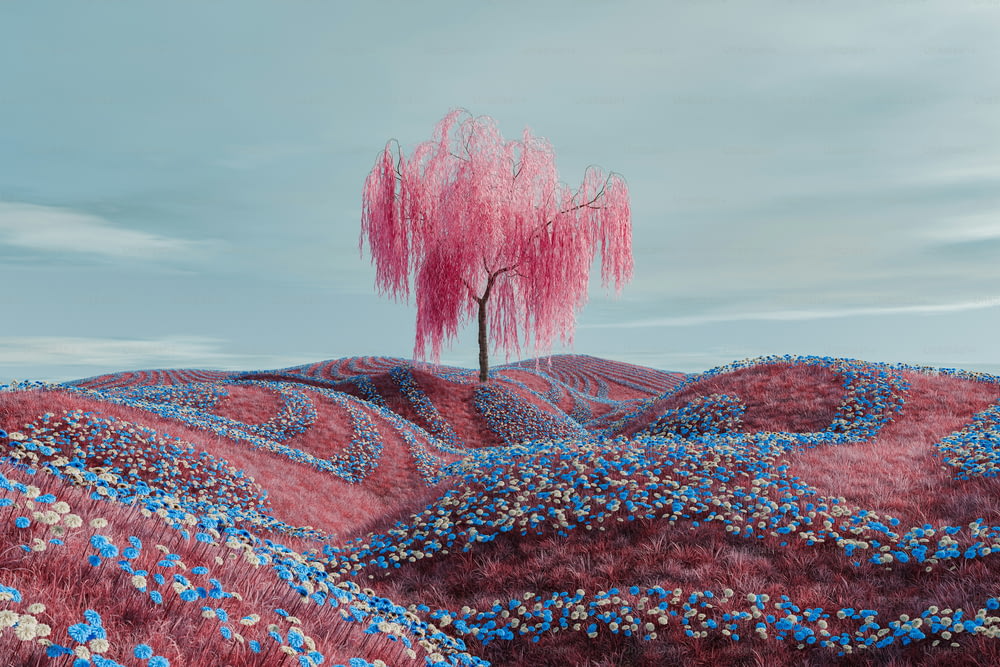 a pink tree in a field of blue flowers