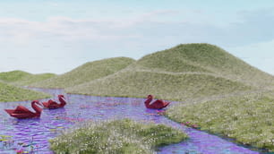 eine Gruppe roter Schwäne, die auf einem Fluss treiben