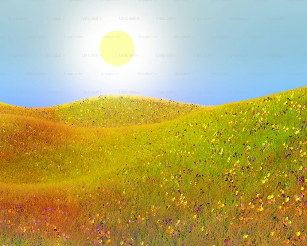 a painting of a grassy field with a sun in the background