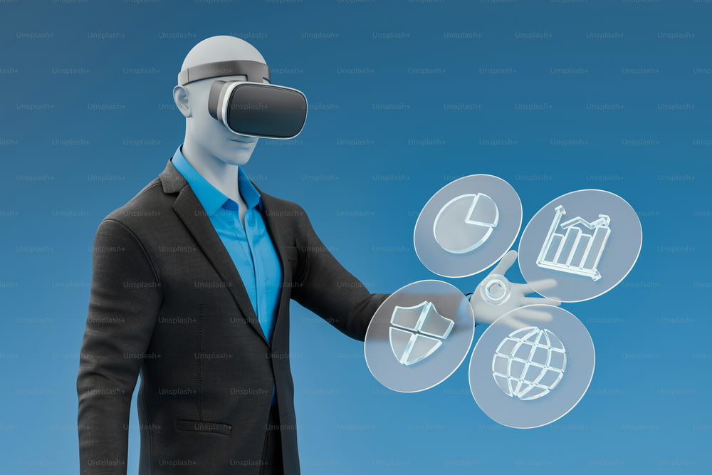 a man in a suit holding a virtual device