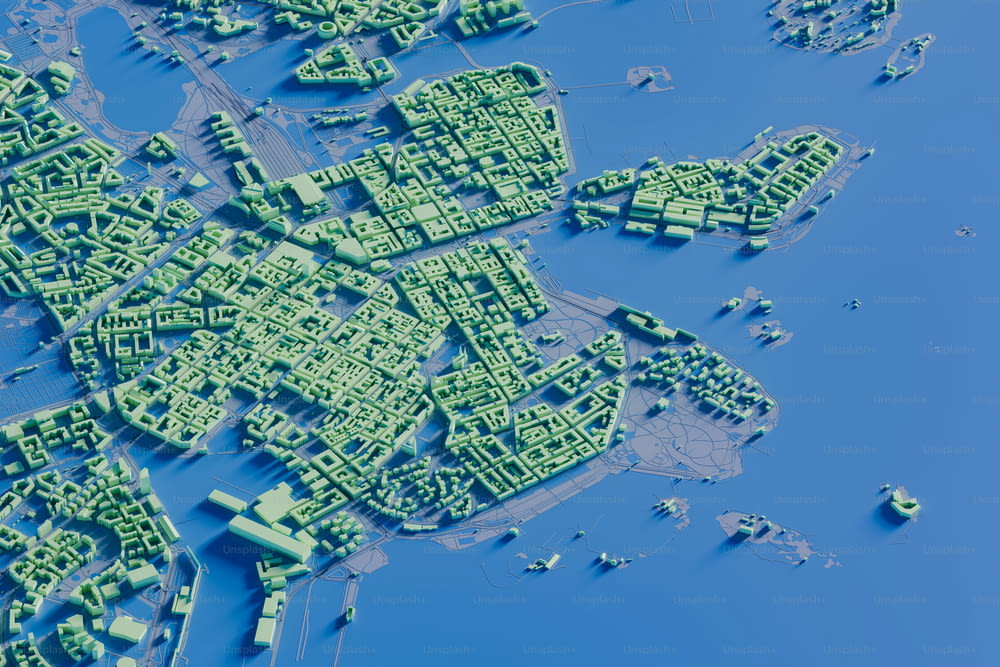 Una vista aérea de una ciudad en el agua
