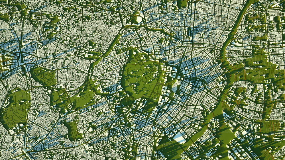Um mapa de uma cidade com ruas e parques