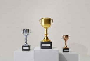 uma fileira de três troféus sentados um em cima do outro