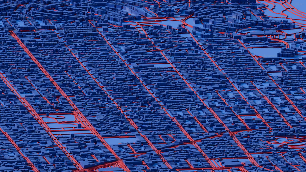 a blue and red image of a city