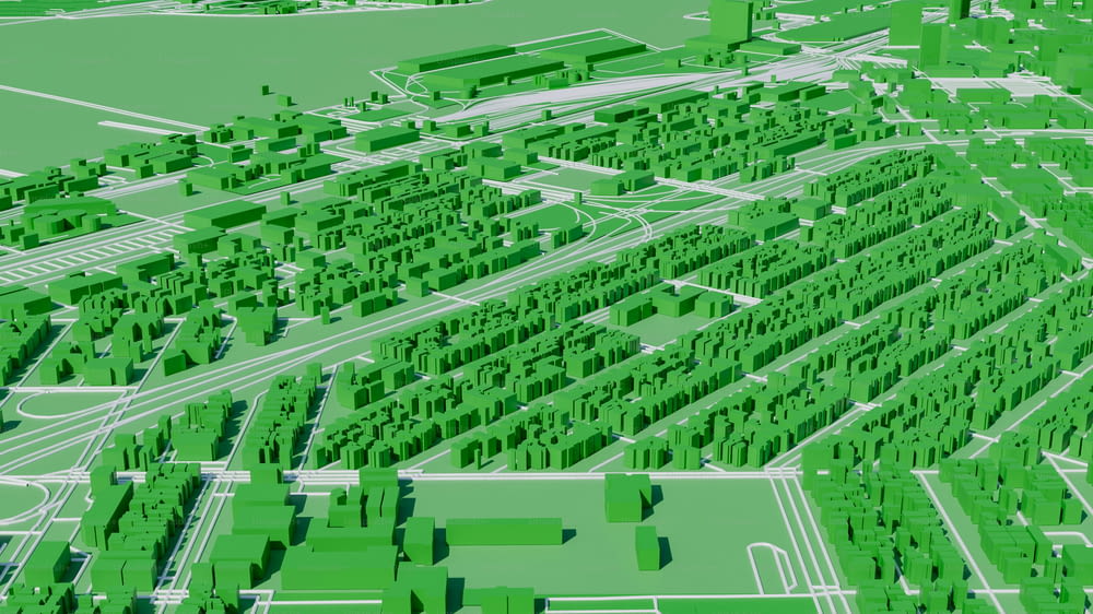 Um mapa verde de uma cidade com muitas árvores