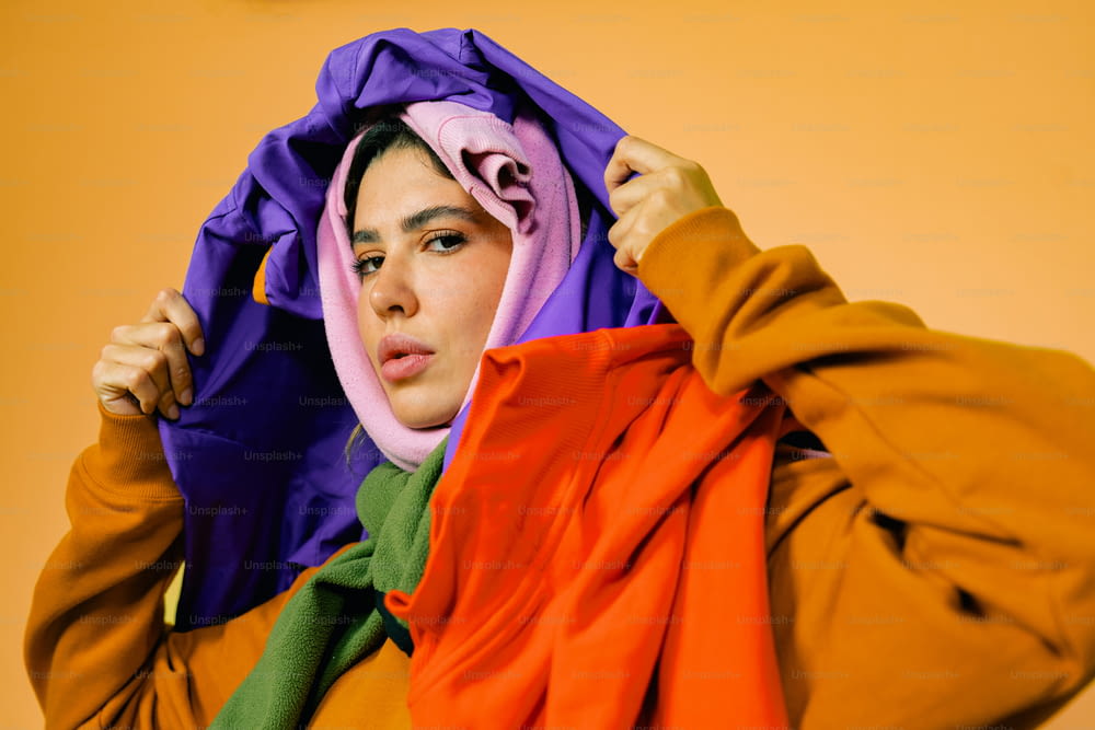 a woman with a colorful scarf around her head