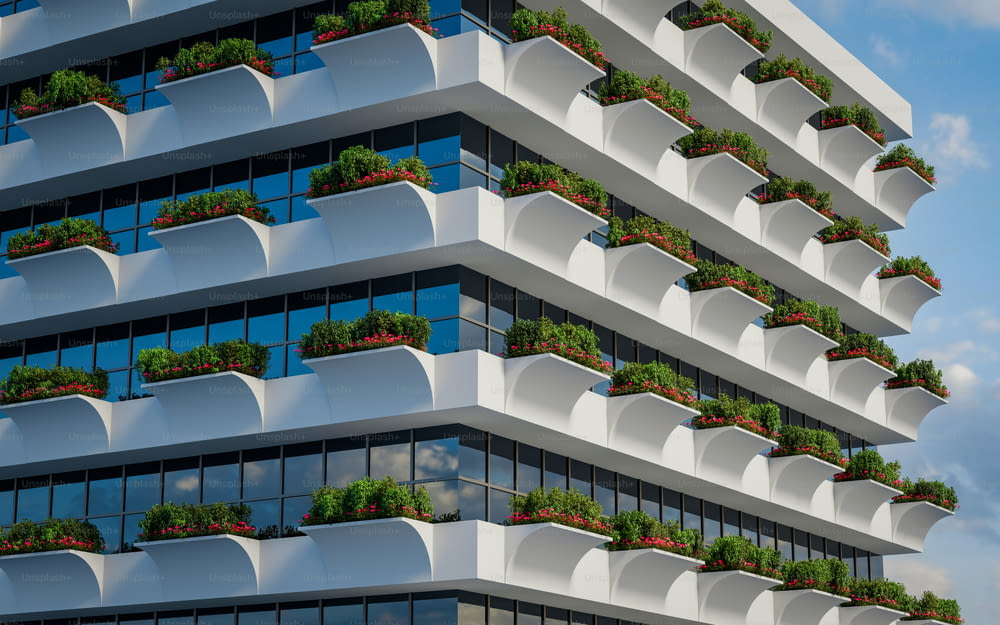 a very tall building with a bunch of plants on the balconies