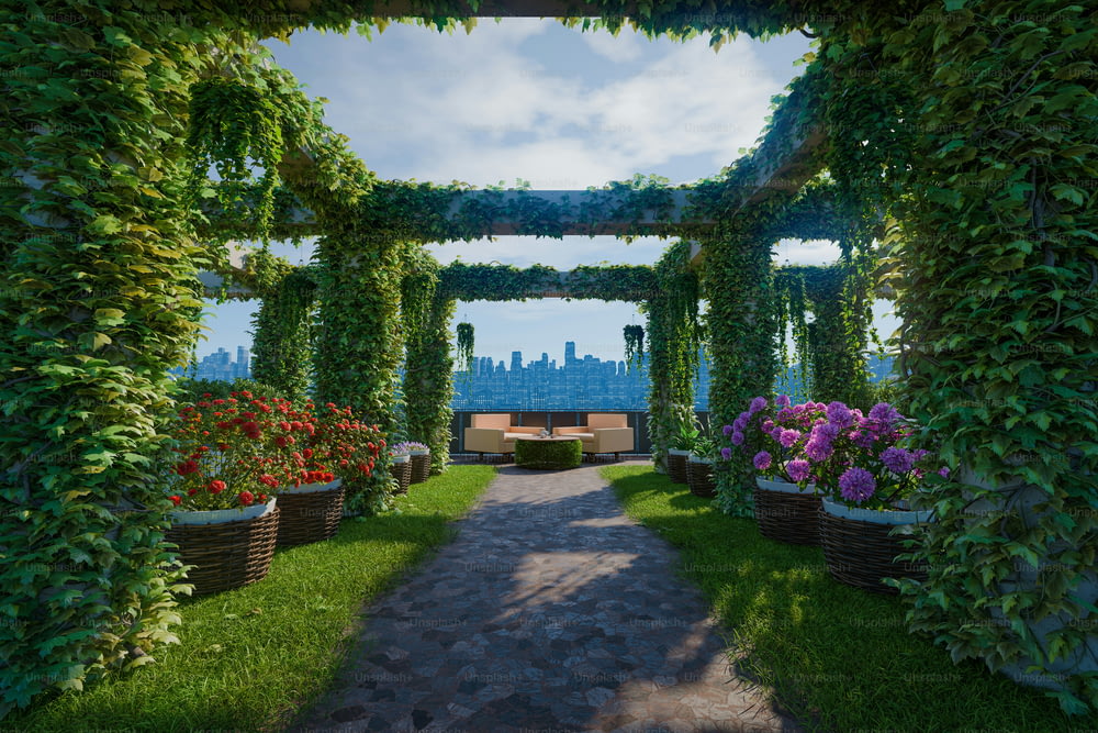 ein Garten mit Blumen und einer Bank in der Mitte