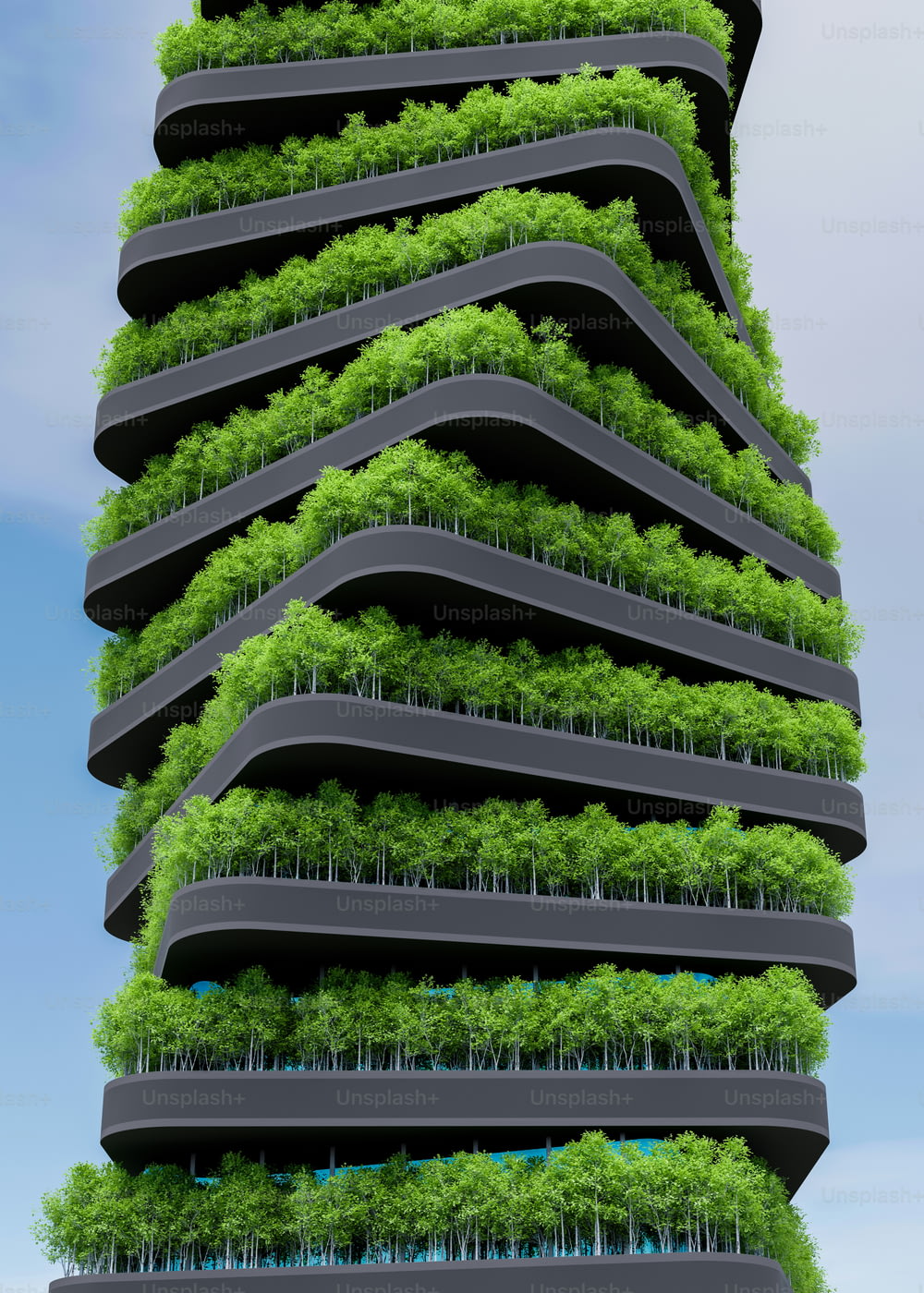 a very tall building with a lot of trees growing on it