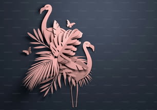Folded Paper art origami.Tropical background with flamingos. 3D illustration.