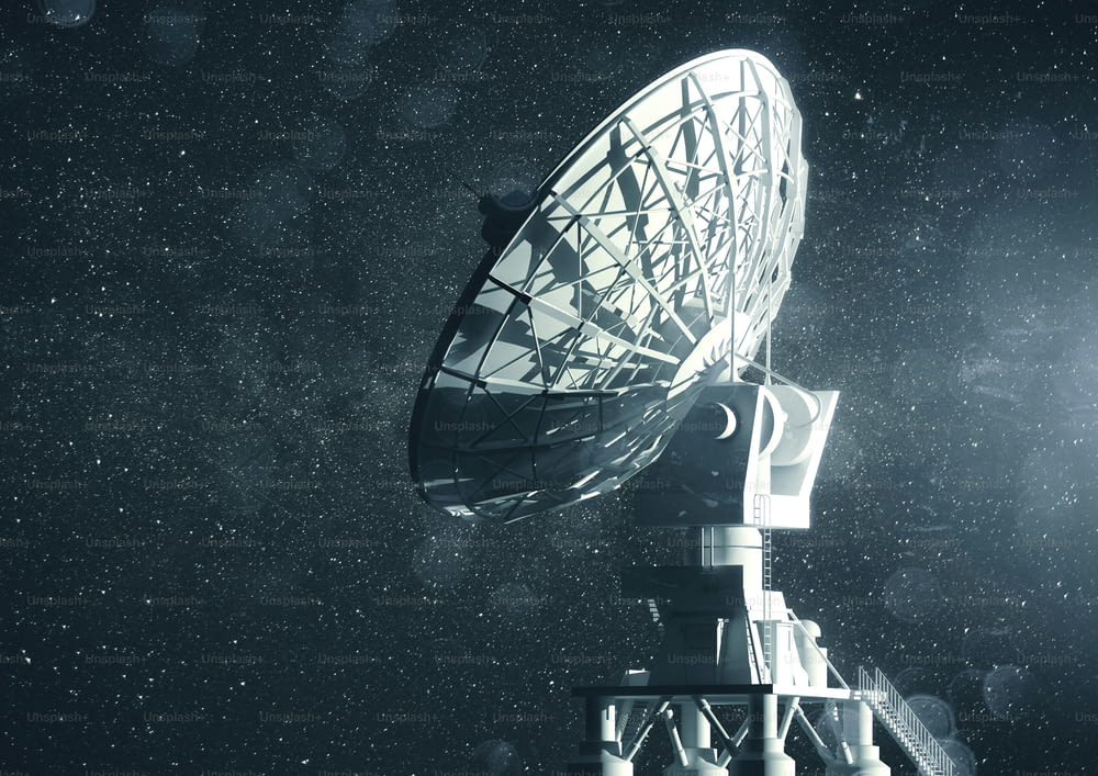 Um radiotelescópio muito grande em busca de informações no espaço. Ilustração 3D.