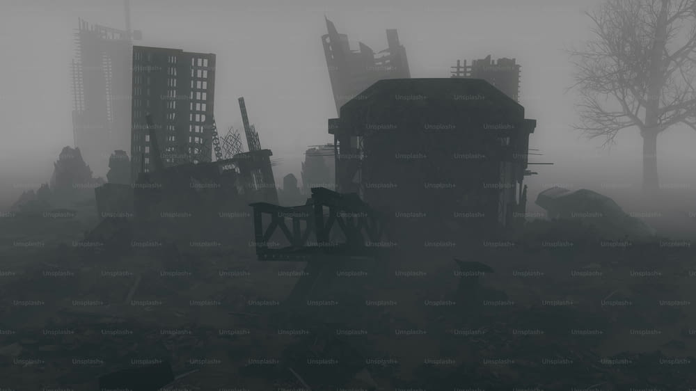 a foggy graveyard with old buildings in the background
