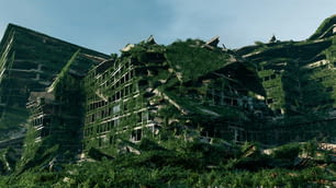 a very large building that is covered in grass