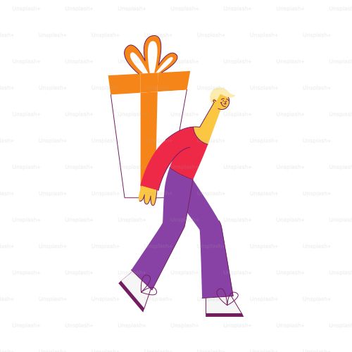 Vector illustration of young woman carrying wrapped gift box decorated with ribbon and bow isolated on white background - flat female character giving present in festive package.