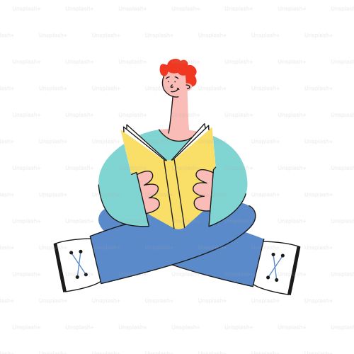 Vector stylized flat man in blue pants, green shirt sitting leg crossed reading book with pleasure and smile at face. Male character student holding symbol of education and knowledge
