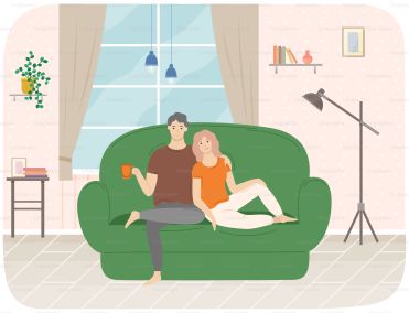 Husband and wife relaxing in apartment. Family resting in living room. People in relationship spend time together at home. Interior design sitting-room. Guy and girl hug on couch and drink tea
