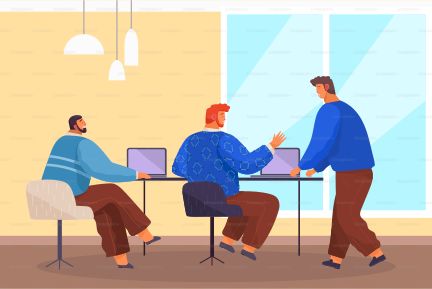 Men at the table in business meeting in office, discussing he project, laptops on the table. Modern office, panoramic window, ceiling lighting. Negotiations, disputes, teamwork. Flat Vector Image