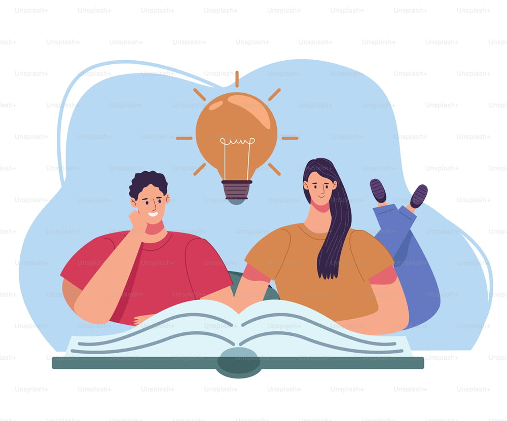 readers couple reading book with bulb characters vector illustration design