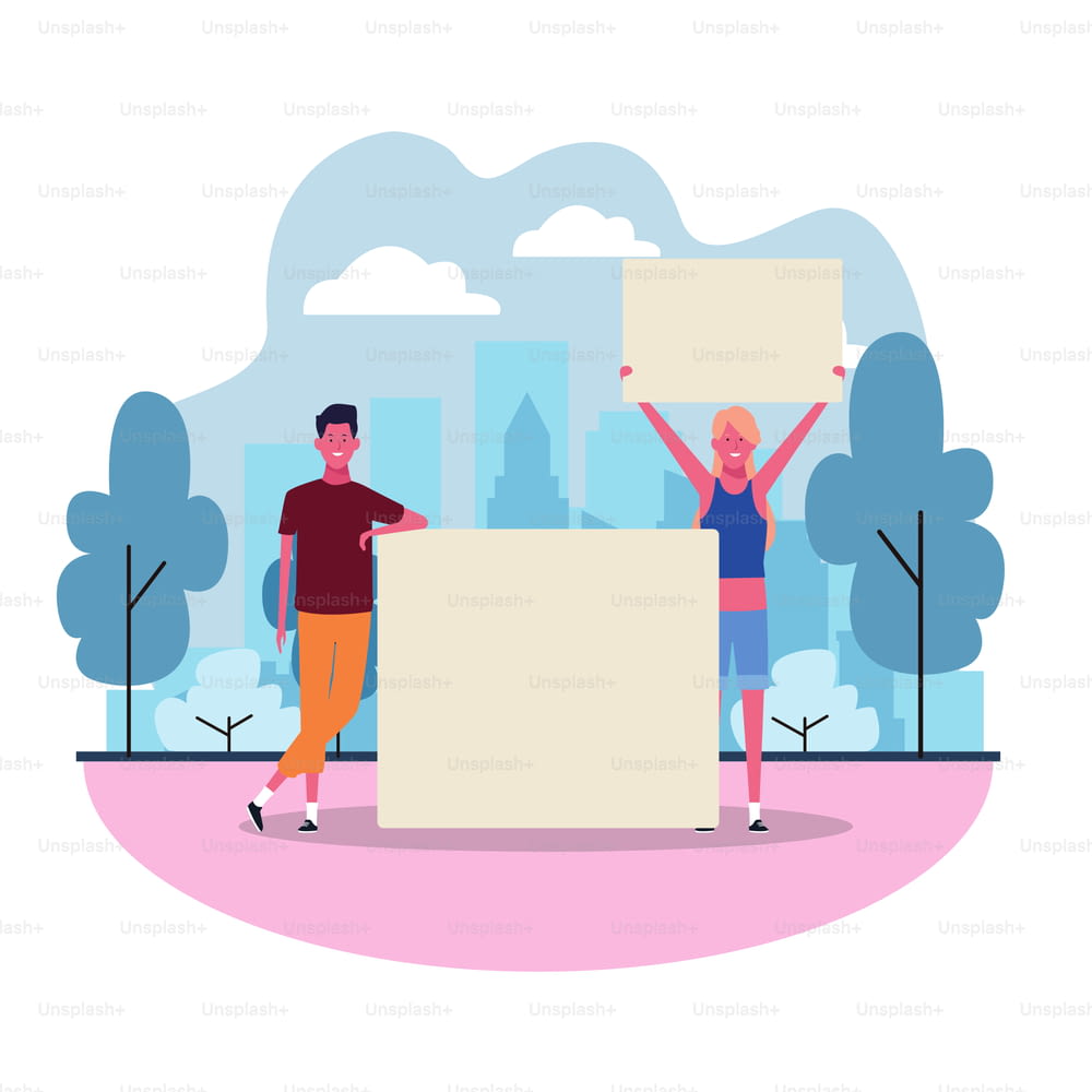 cartoon man and woman protesting with blank posters in the park over white background, colorful design. vector illustration