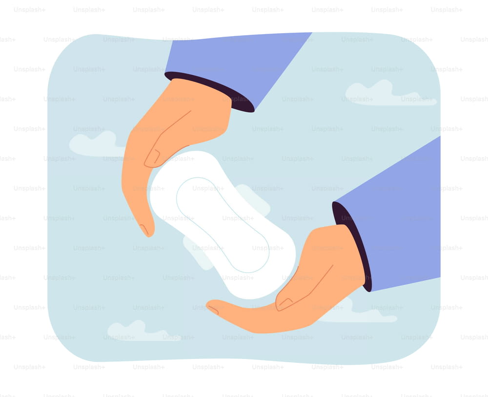 Big human hands holding sanitary napkin. Person with pad for women on period flat vector illustration. Menstruation, female health, hygiene concept for banner, website design or landing web page