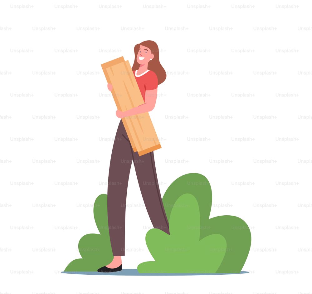 Happy Female Character Holding Wooden Planks in Hands. Woman Build Tree House, Woodworker, Craftsman Working in Carpentry Shop. Industrial Woodcraft or Hobby. Cartoon People Vector Illustration