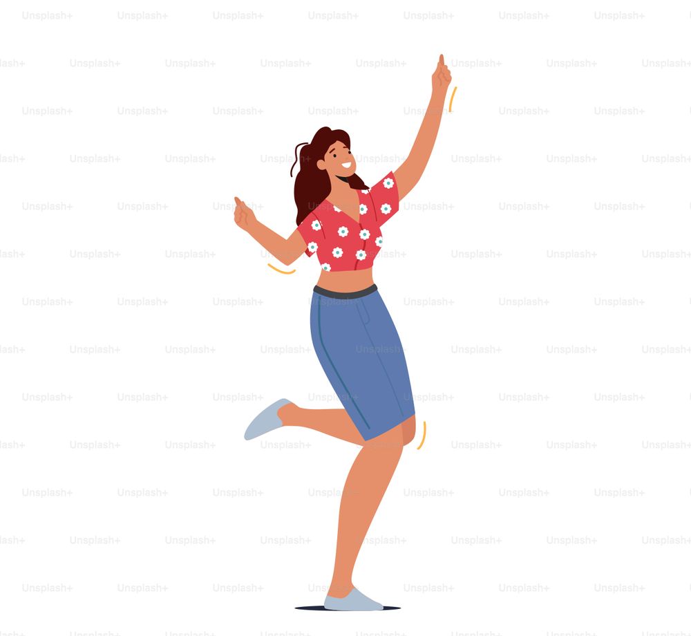 Young Girl in Night Club Dancing and Jumping with Hands Up Isolated on White Background. Positive Excited Woman Fun, Active Leisure, Nightlife Clubbing Disco Party. Cartoon People Vector Illustration