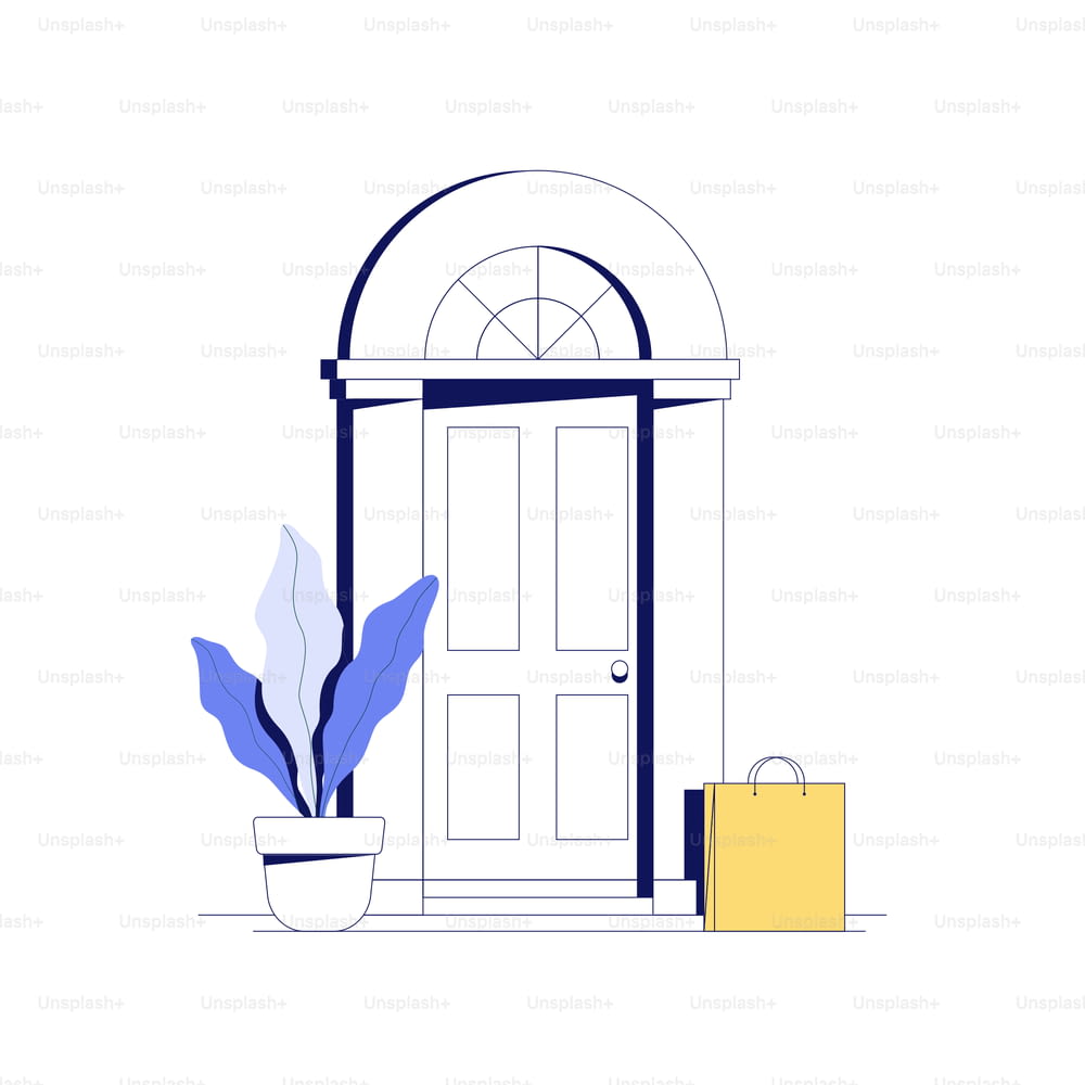 Delivery to the door service concept with minimalistic trendy thin lined package paper bag with food or groceries at front door. Safe delivery concept. Vector eps 10 illustration