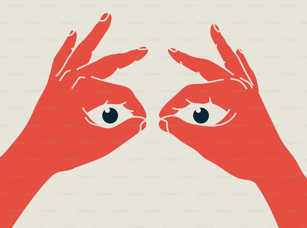 Hands make binoculars and eyes look through them. Search engine or research or looking for concept. Trendy hand drawn vector cartoon element for web or banner design. Vector eps 10 illustration