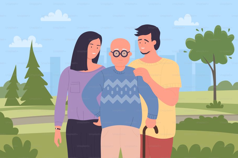Senior man with his children. Happy family moment, retired parent with kids care cartoon vector illustration