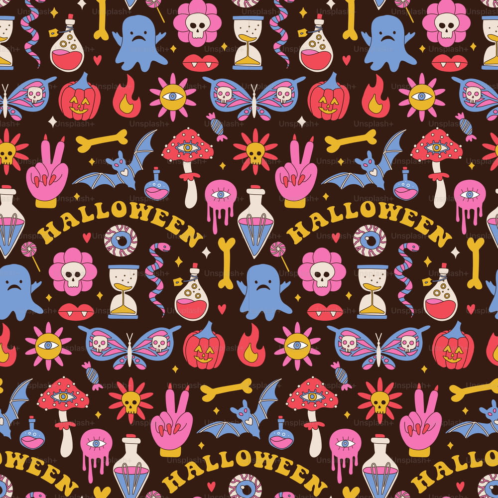 Colorful seamless pattern with mushrooms, ghost, pumpkin and magic potion. Groovy hippie Halloween Retro 60s, 70s style background. Psychedelic textile, fabric and wrapping paper. Vector illustration