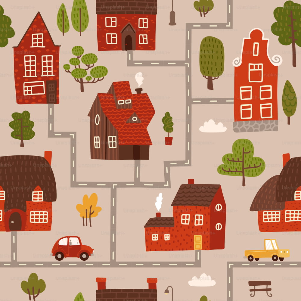 Cozy city map. Nursery seamless pattern with roads, red and brown houses, forest, cars. Limited pastel palette. Flat hand drawn vector illustration